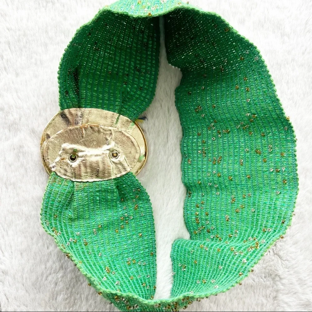 BORBONESE Vintage 1980s Green Stretchy Beaded Belt with Gold Tone Clasp